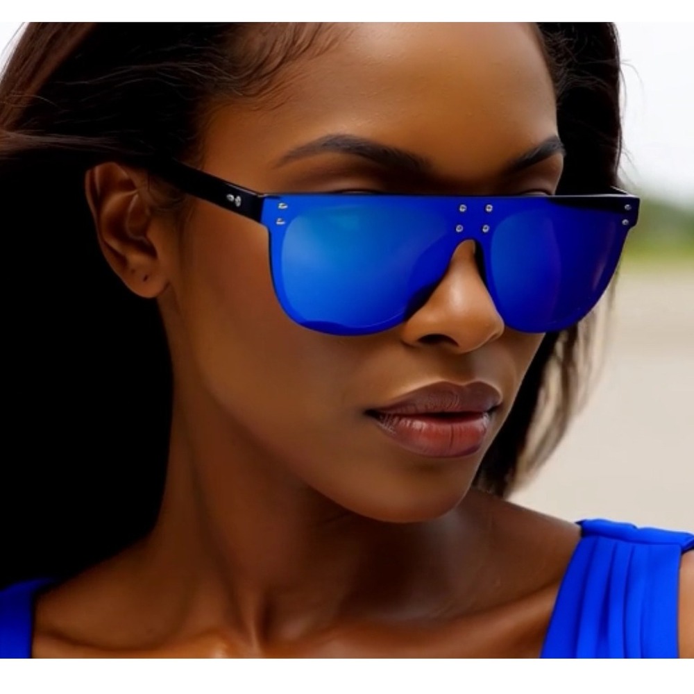 Flat Top Women Sunglasses Blue Mirror Lens Shield Fashion Trendy Beach Female